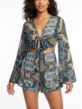 AELSON Paisley Boho Romper XL Festival Flare Sleeve Tie Front Playsuit